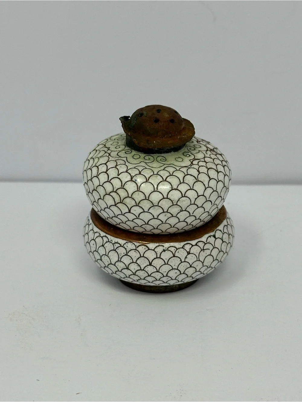 Vintage Chinese Cloisonné Enamel Individual Open Salt Cellar & Pepper Shaker Set